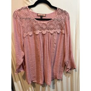 Olive Hill Women's Crochet Trim‎ Top Blouse Long Sleeve Pink Size Small